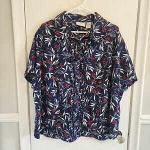 Alfred Dunner Sz 24W Button Down Top Blouse Blue White Red Floral Flowers Shirt